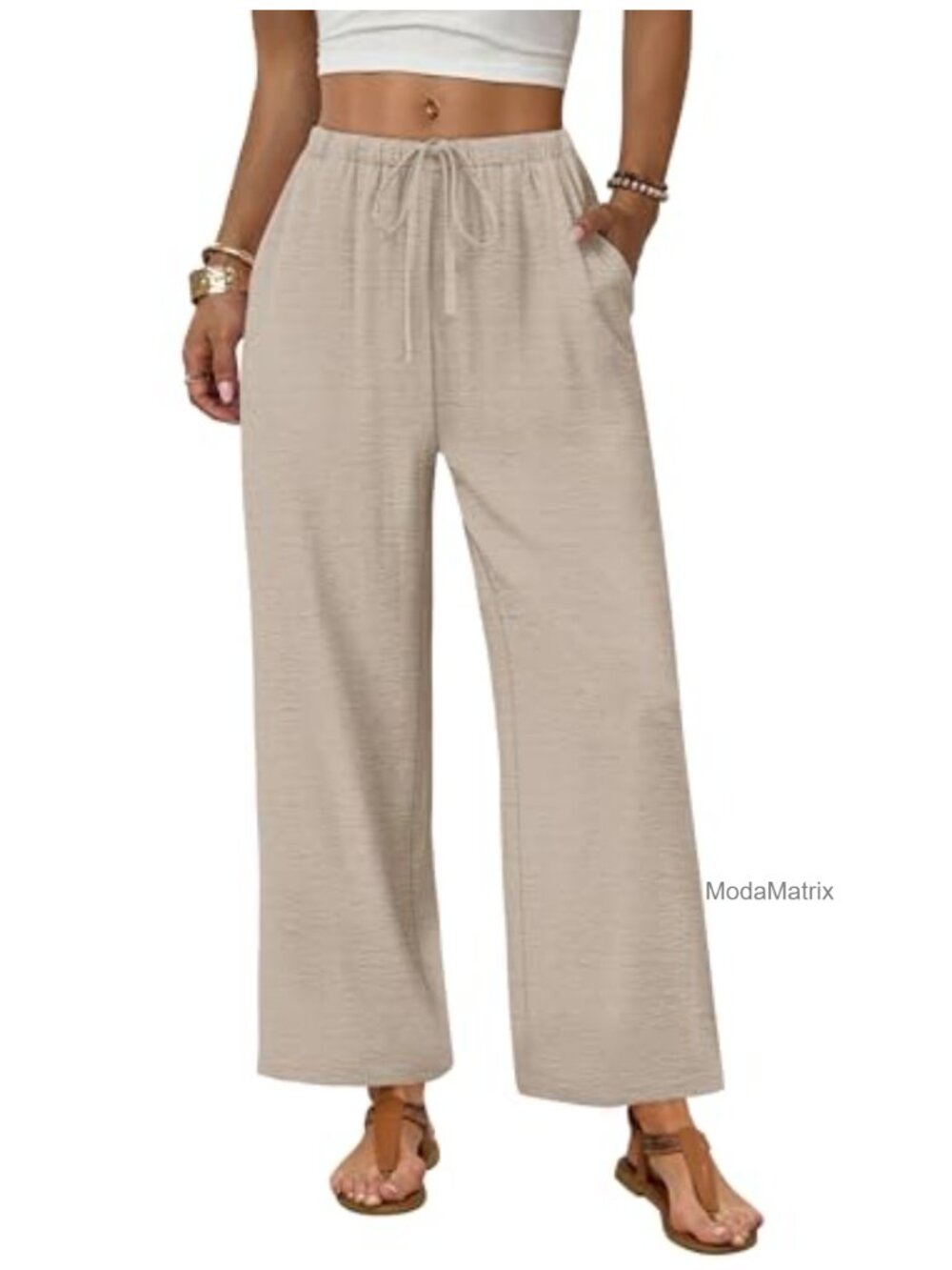 Wide Leg Palazzo Pants Women Casual Drawstring Elastic Waist Pockets Summer